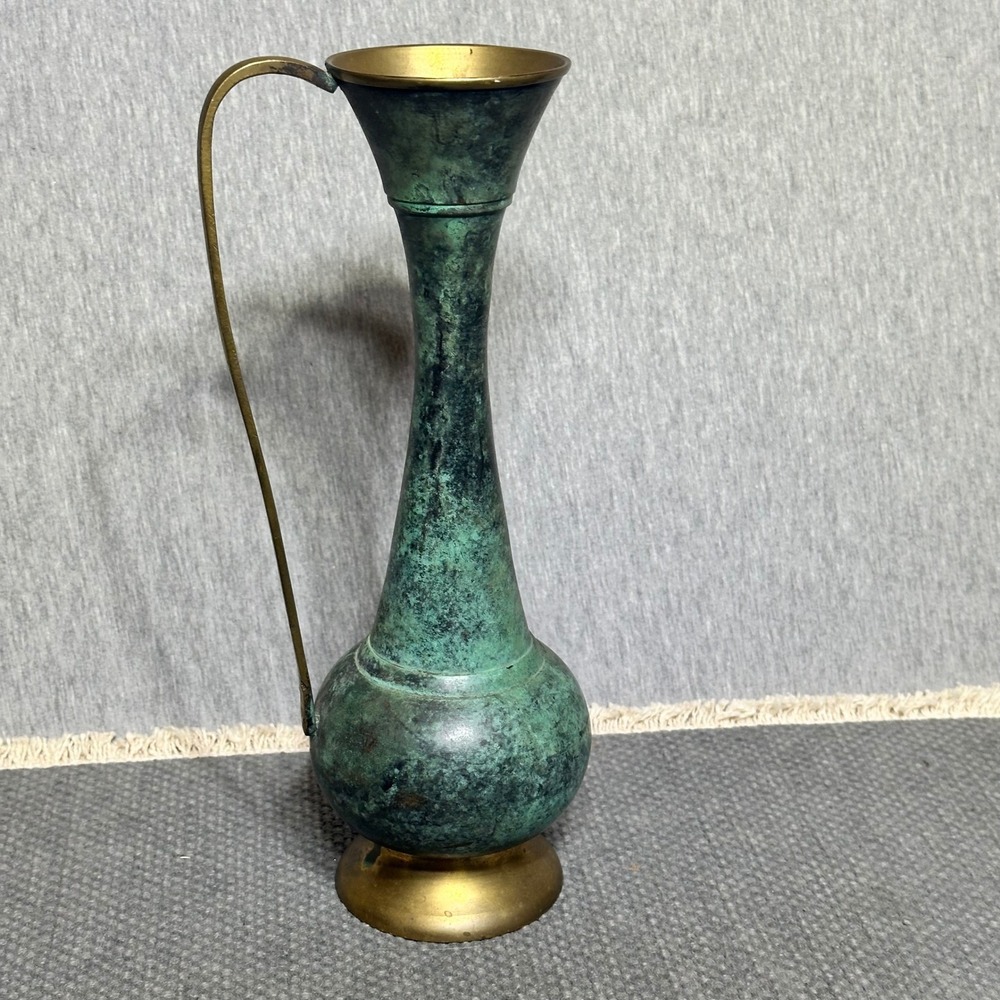 Vintage Grn Verdigris Enamel & Brass Pitcher/Vase Slender Handle Decor 9.5in